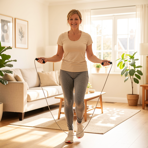 woman jumping rope in her living room